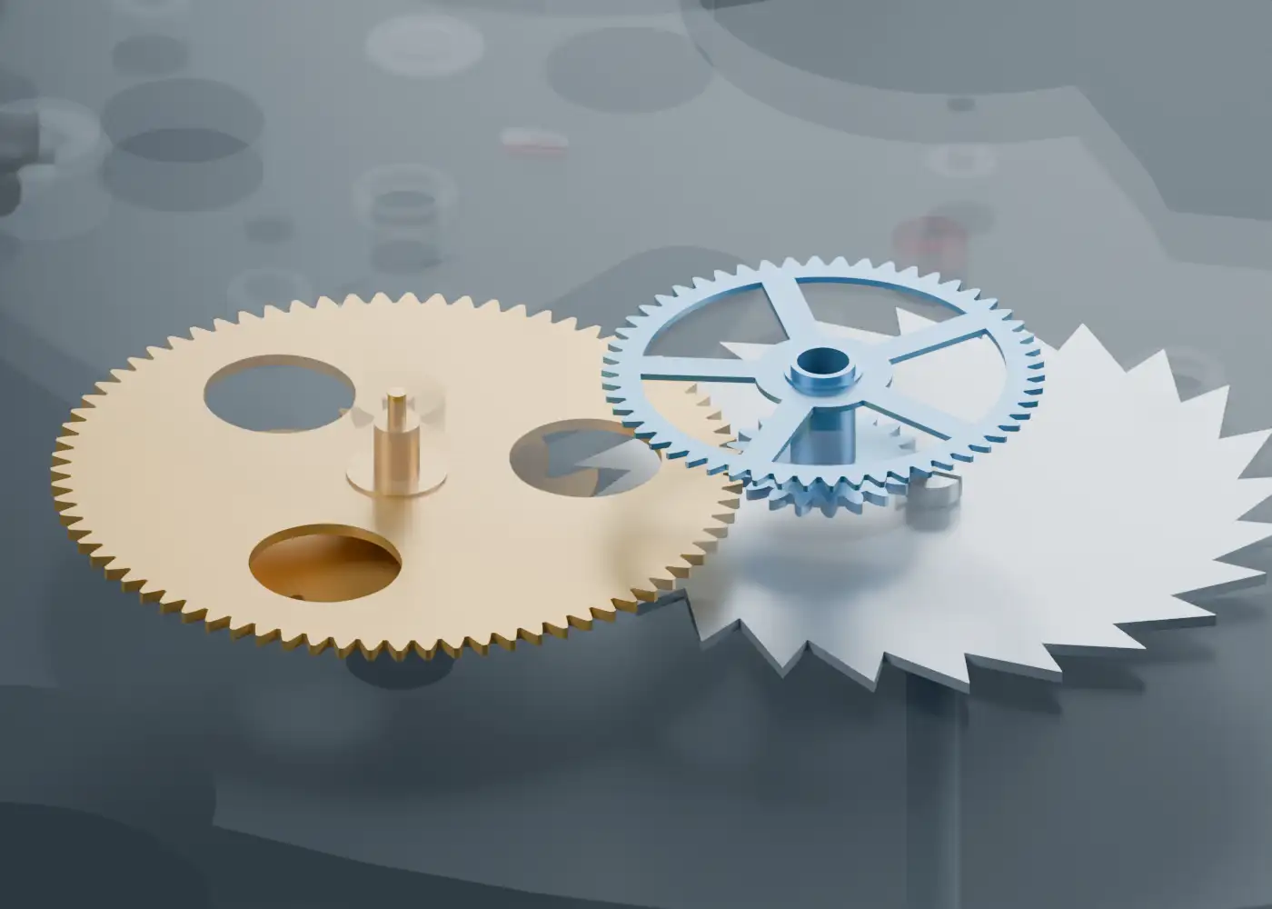 Ausschnitt aus dem Lehrmodell: Räder des Automatikaufzugs über der Grundplatine.