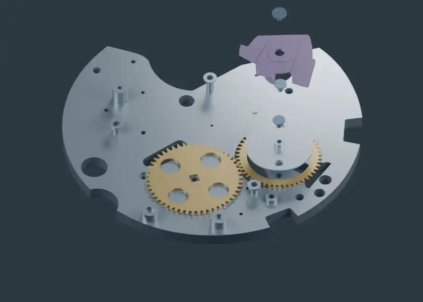 Rendering aus dem Lehrmodell: die Grundplatine mit zwei eingesetzten Rädern. Ein weiteres Teil und seine Schraube schweben über ihrem Platz.