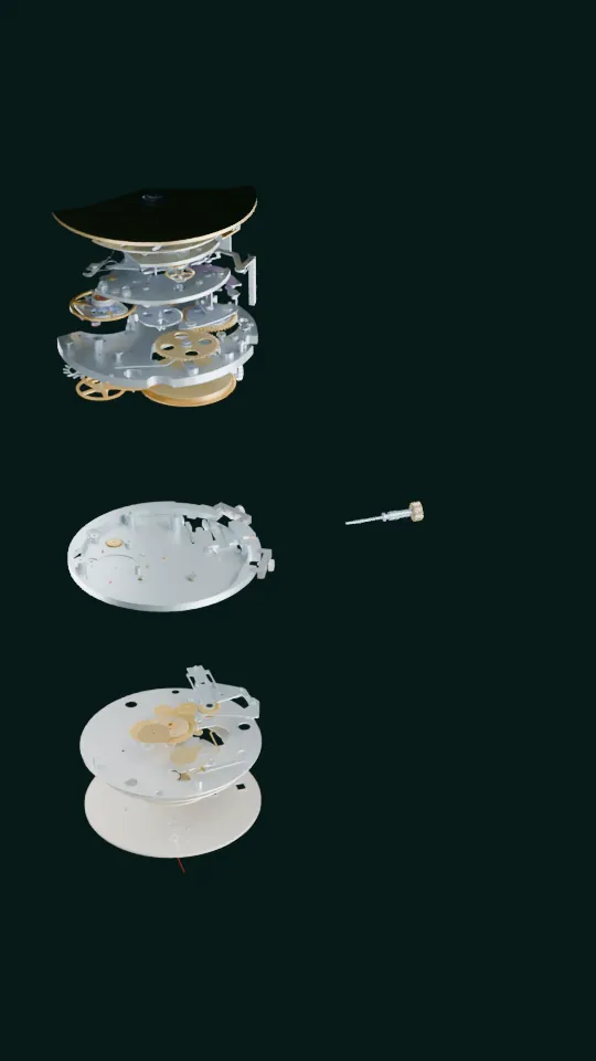 Das Lehrmodell des ersten Werks, in seine Ebenen auseinandergezogen: Rotor und Automatik, Chronograph, Brücken und Kloben, Federhaus und Räderwerk, Grundplatine, Aufzugswelle und Krone, Kalender und Zeigerstellwerk, Zifferblatt und Zeiger.